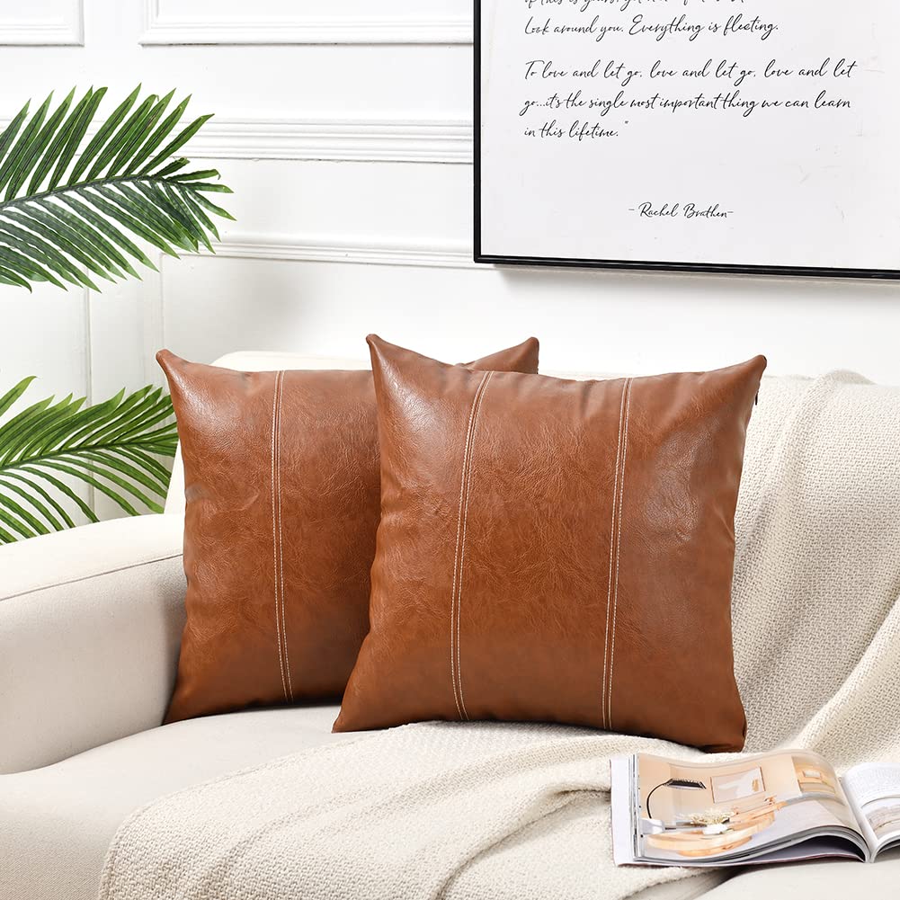 Fancy Homi Brown Boho Long Lumbar Faux Leather Body Decorative Throw Pillow Cover 14x36 Inch for Bedroom Couch Bed Bench, Thick Stylish Solid Rectangle Pillowcase, Rustic Modern Farmhouse Room Decor