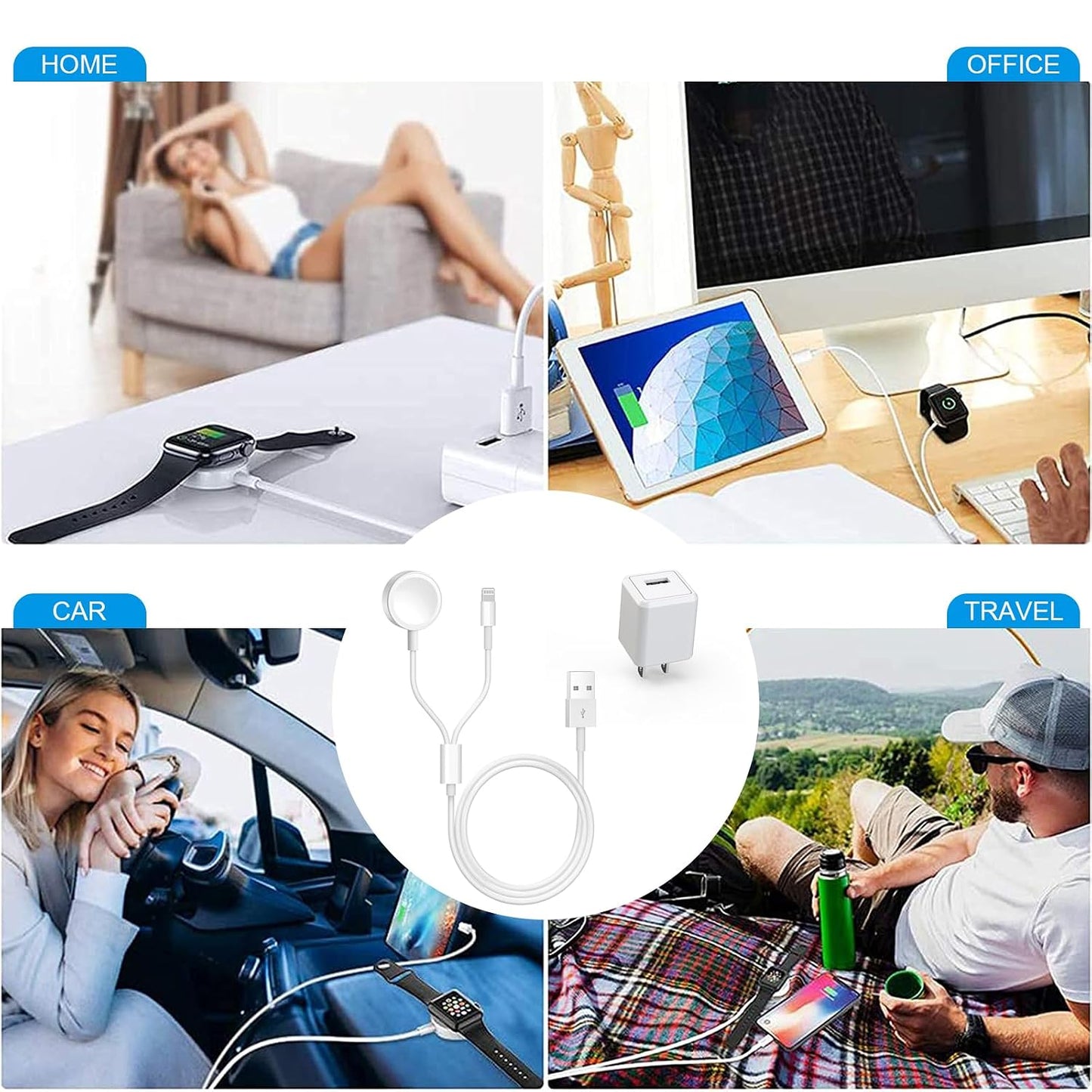 [Apple Certified] 2 in 1 iPhone and Watch Charger 6.6 FT Magnetic iWatch Charging Cable with USB Wall Block Travel Plug Charger for Apple Watch & iPhone