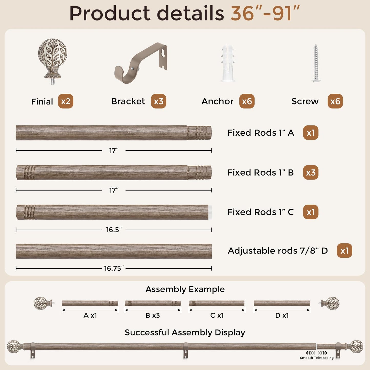 Curtain Rod 36-91 Inch, Boho Wood 1 Inch Curtain Rods for Windows