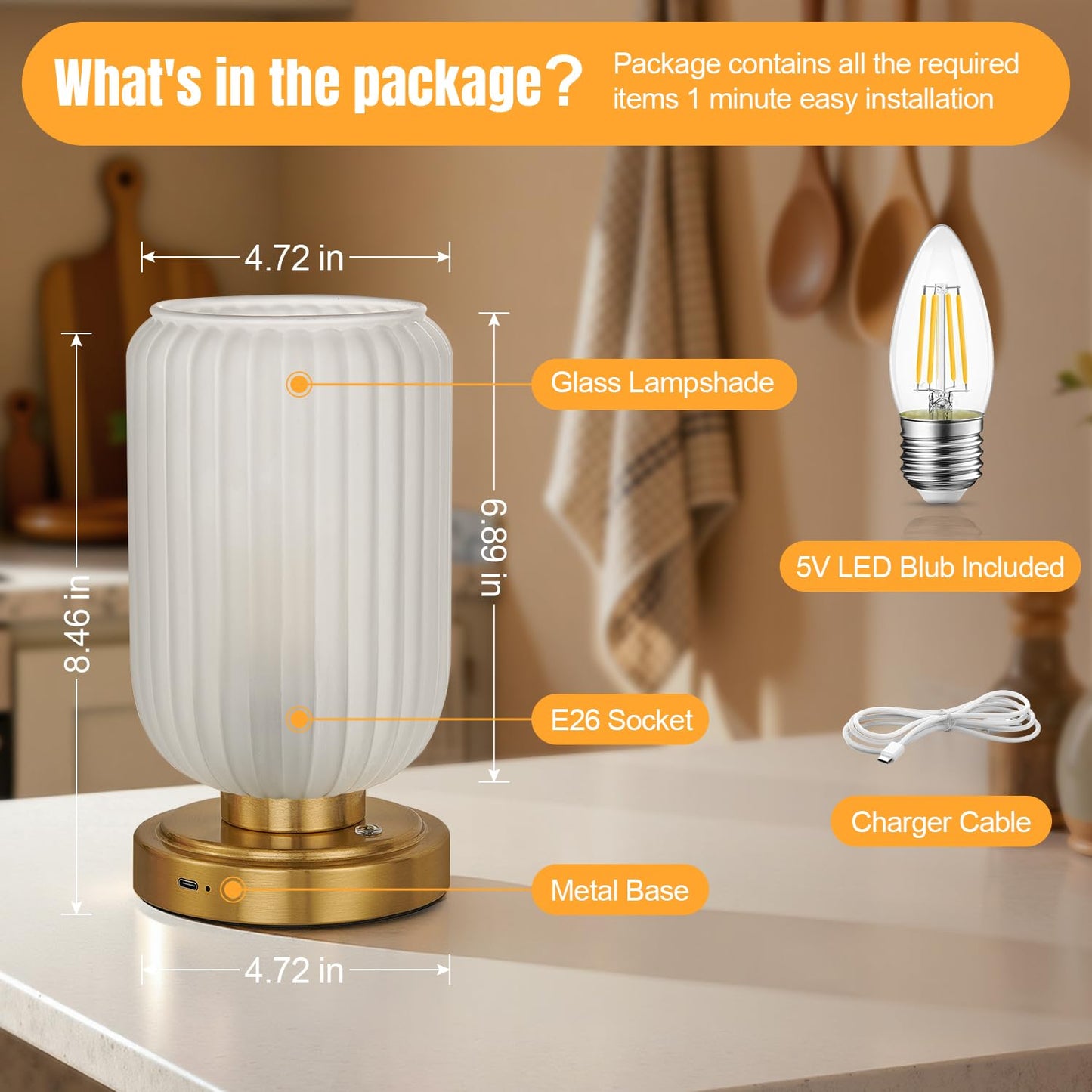 LightRound Cordless Table Lamp for Bedroom, Touch Stepless Dimmable, Modern
