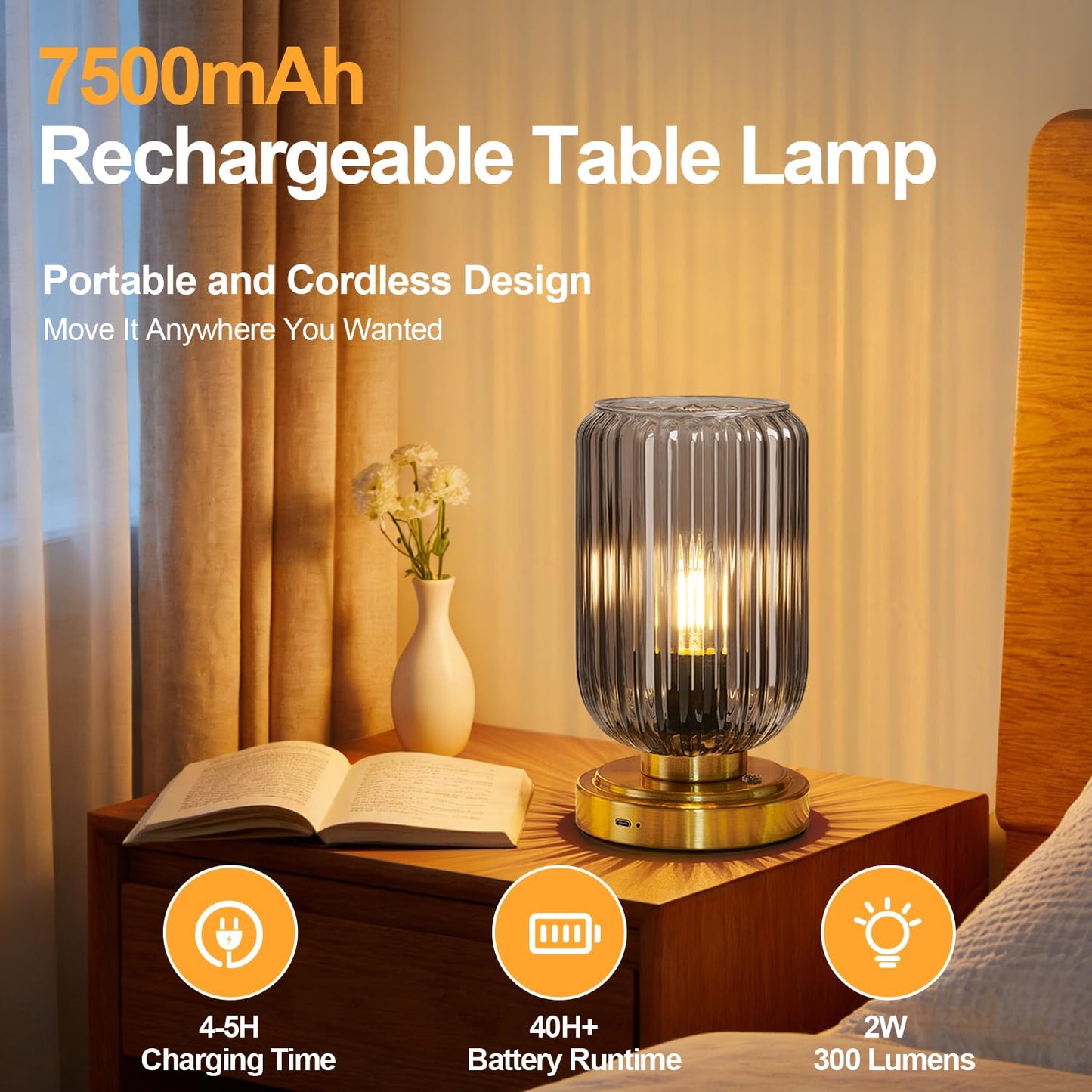 LightRound Cordless Table Lamp for Bedroom, Touch Stepless Dimmable, Modern