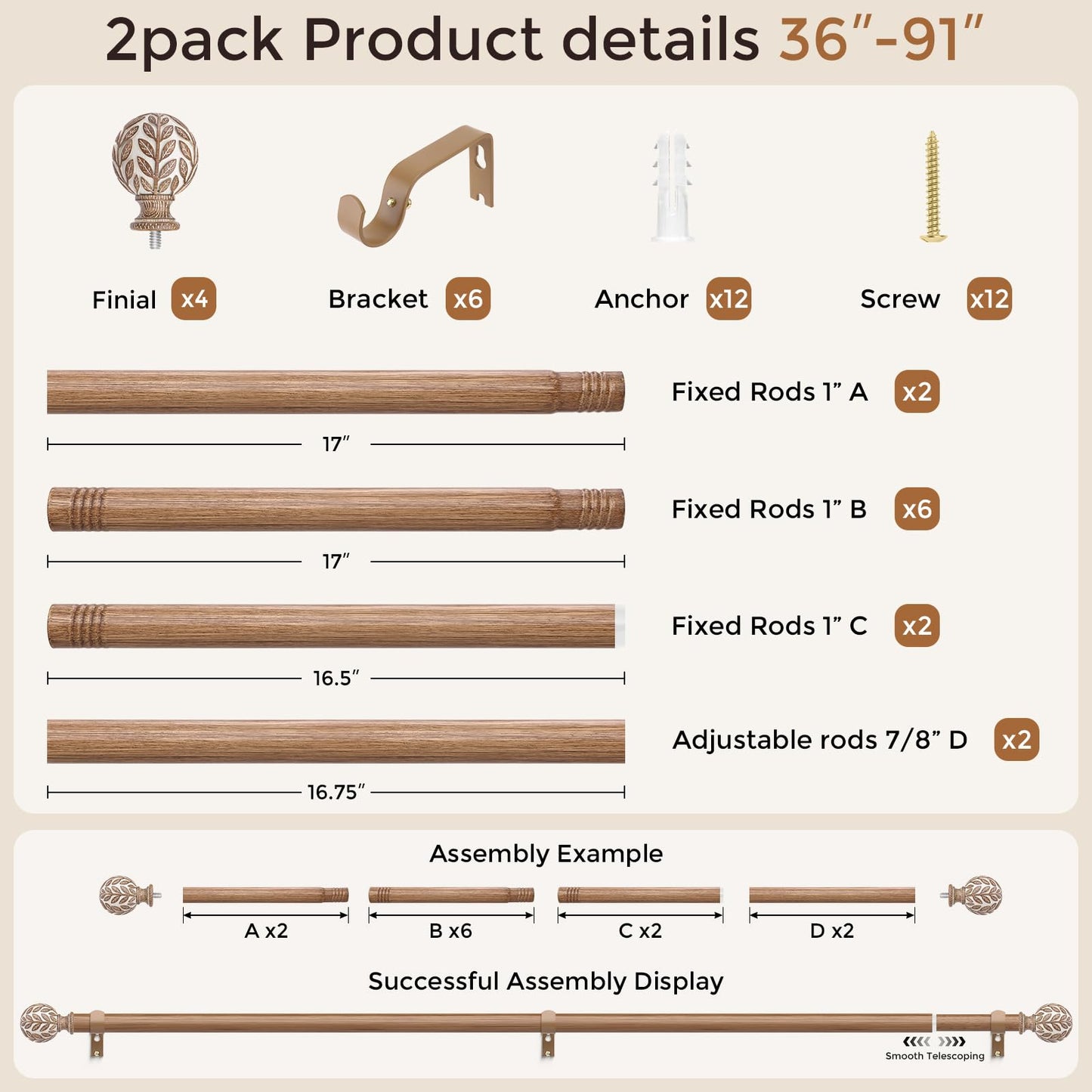 Curtain Rod 36-91 Inch, Boho Wood 1 Inch Curtain Rods for Windows