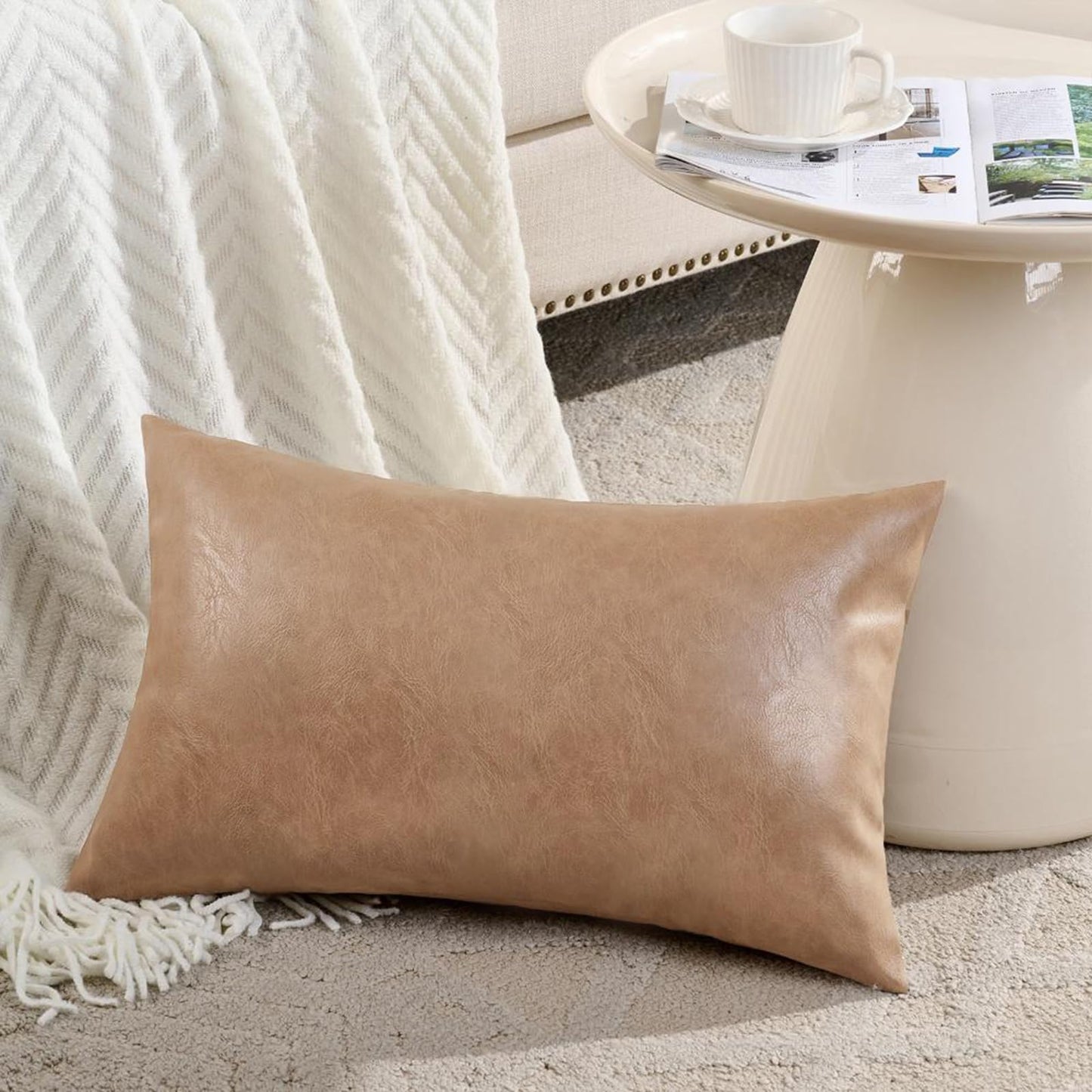 Fancy Homi Brown Boho Long Lumbar Faux Leather Body Decorative Throw Pillow Cover 14x36 Inch for Bedroom Couch Bed Bench, Thick Stylish Solid Rectangle Pillowcase, Rustic Modern Farmhouse Room Decor