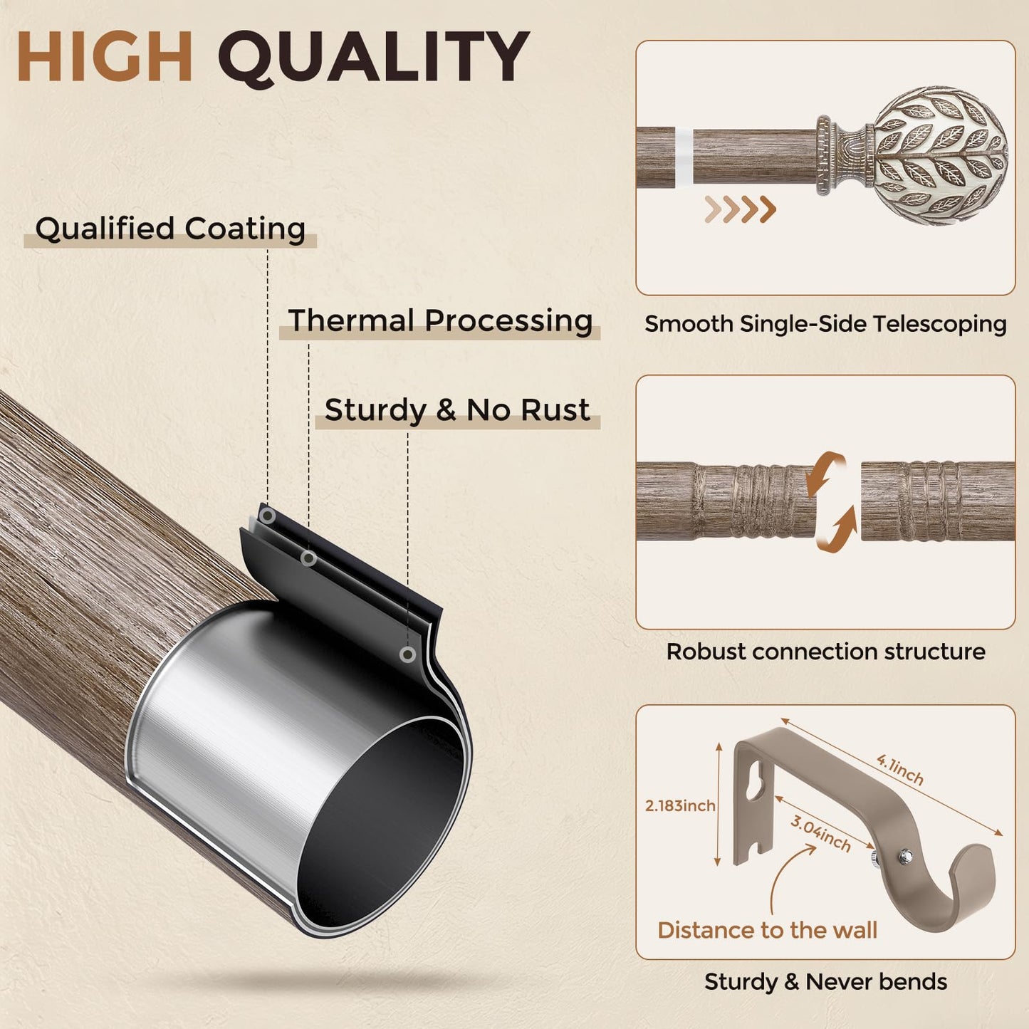 Curtain Rod 36-91 Inch, Boho Wood 1 Inch Curtain Rods for Windows