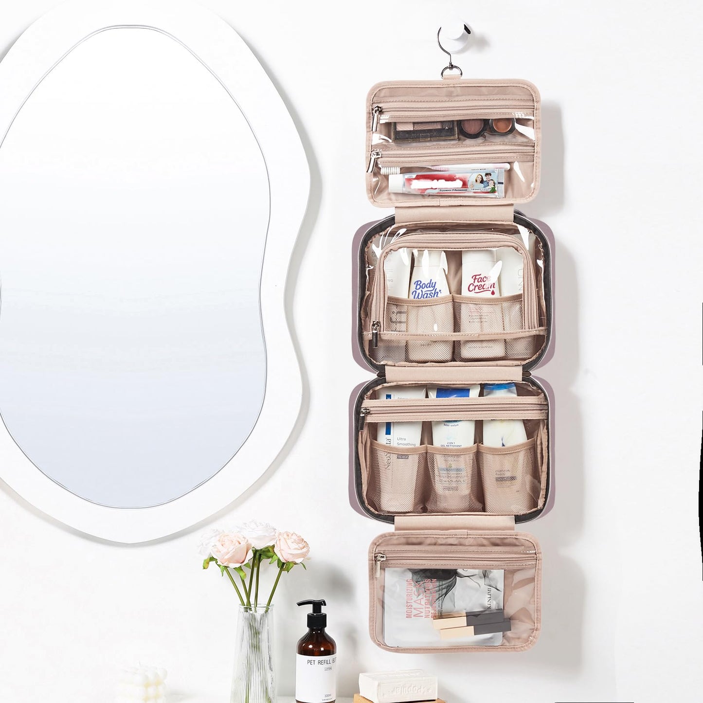 NISHEL Travel Toiletry Bag for women, Portable Hanging makeup Organizer