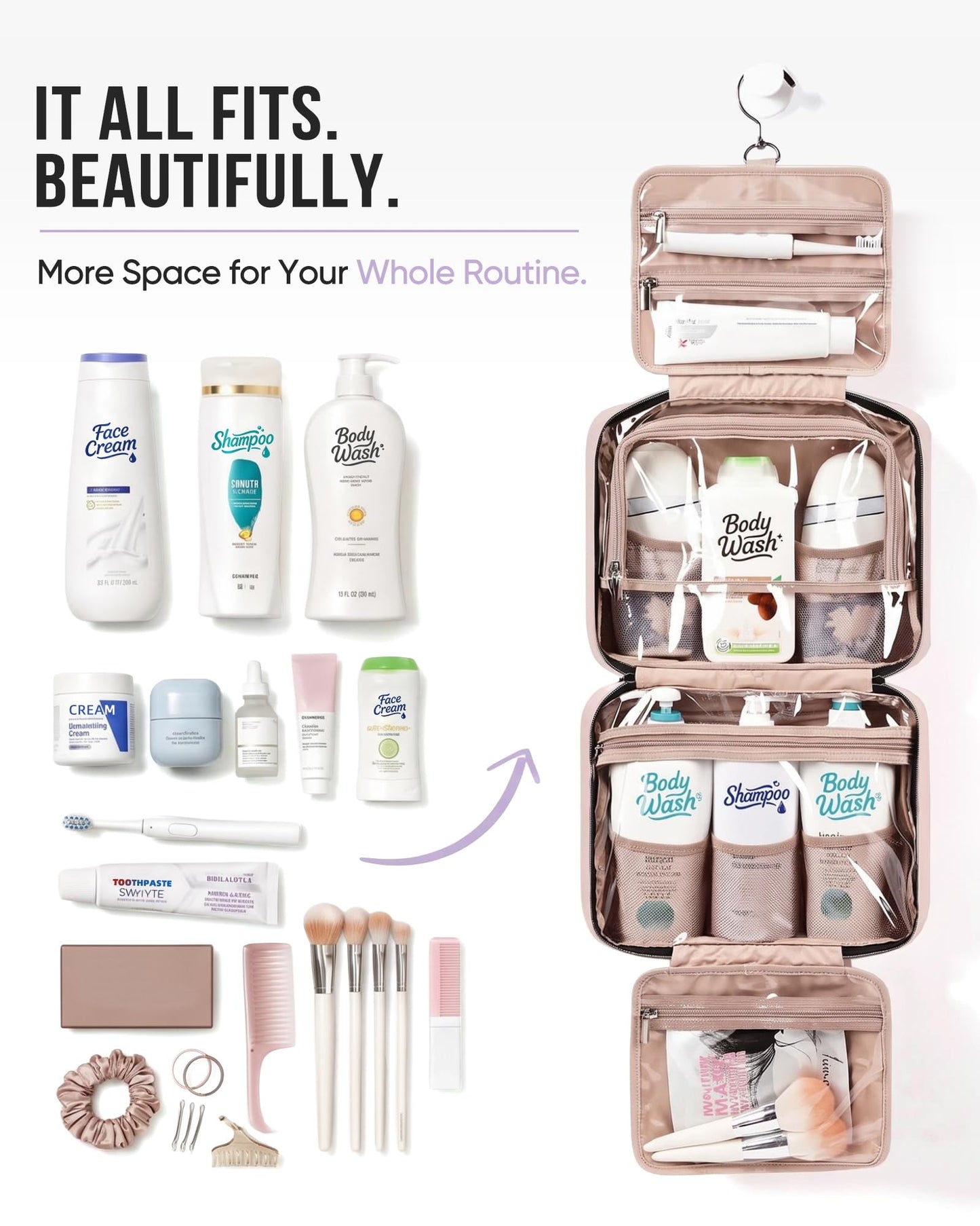 NISHEL Travel Toiletry Bag for women, Portable Hanging makeup Organizer