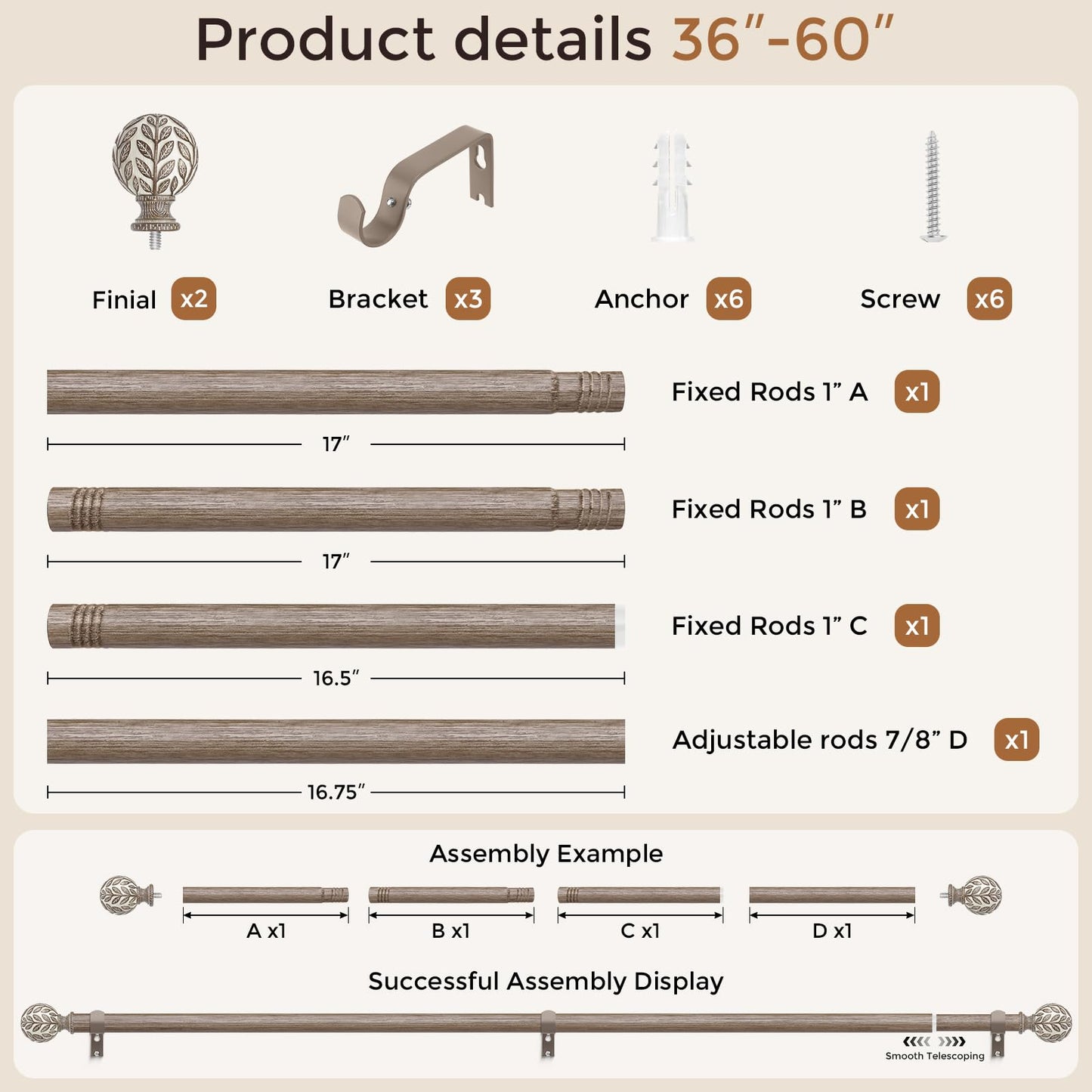 Curtain Rod 36-91 Inch, Boho Wood 1 Inch Curtain Rods for Windows