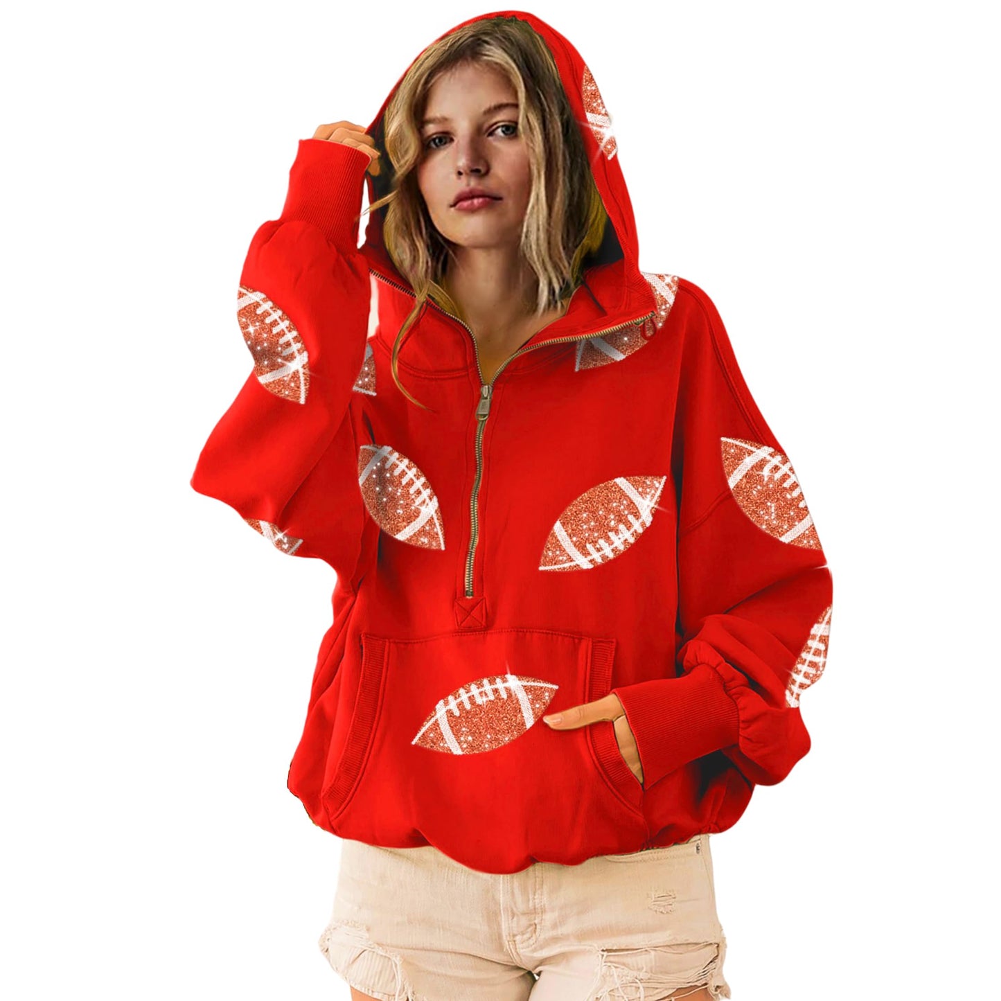 SeekMe Women Game Day Sweatshirt Sequin Football Hoodies Pullover Fall Top