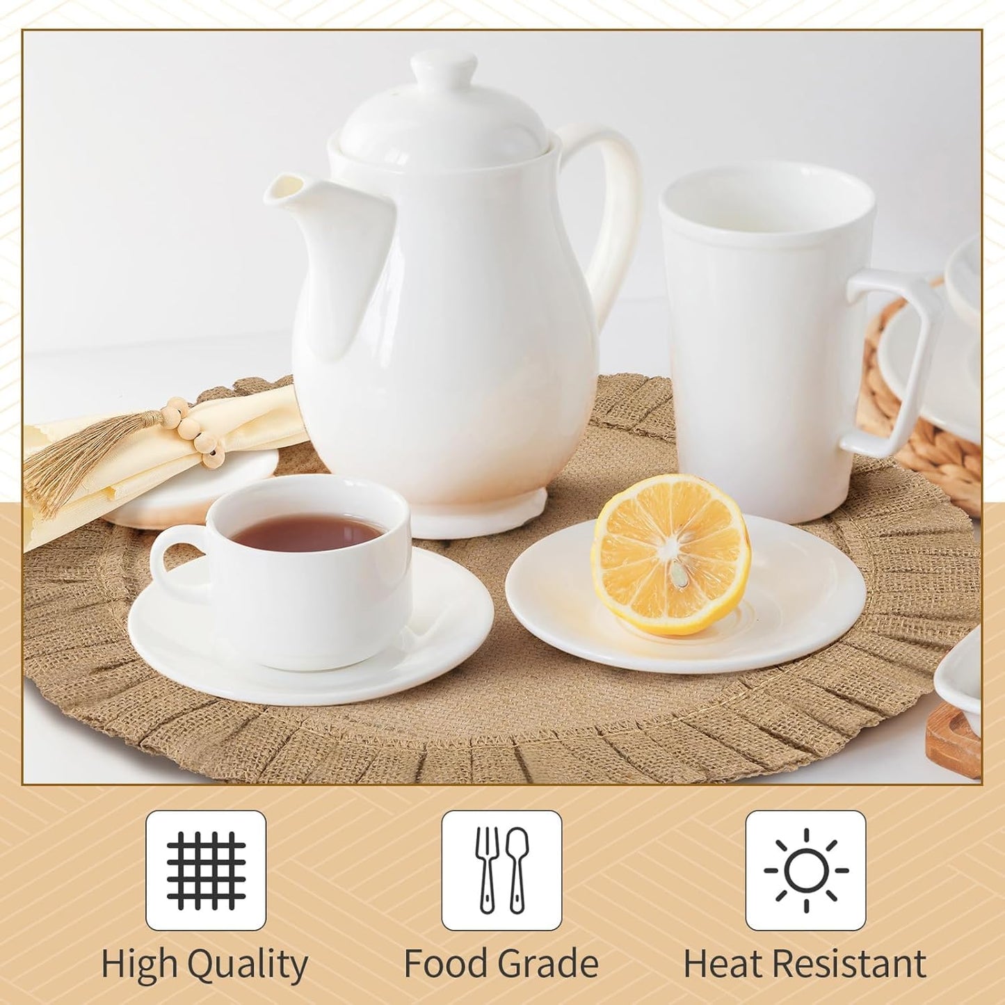 Gejoy 18 Pcs Burlap Placemat Wood Napkin Ring Dinner Napkin, Natural