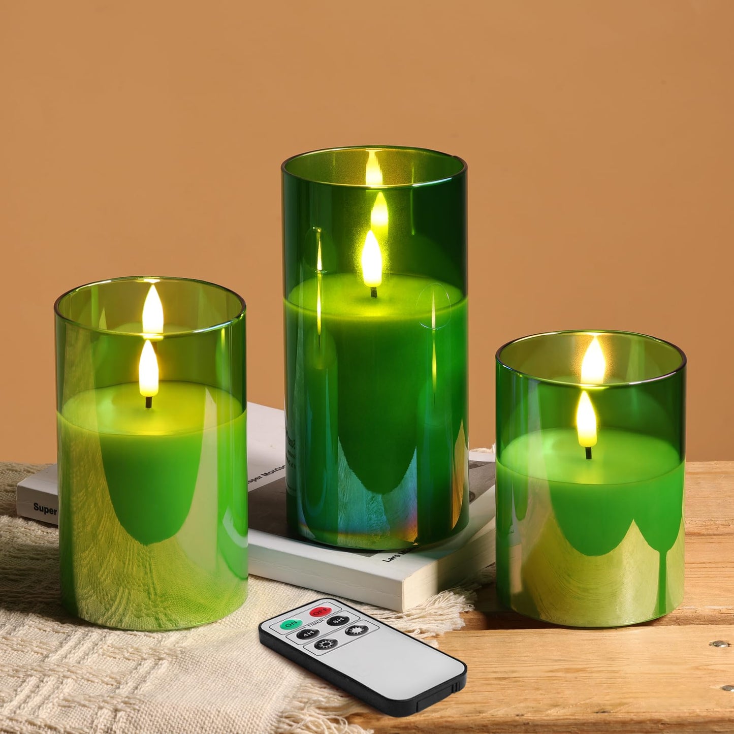 Eywamage Gold Glass Flameless Pillar Candles with Remote, Flickering Fall LED Candles Battery Operated Set of 3