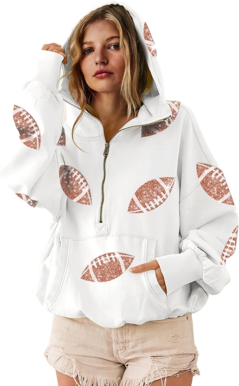 SeekMe Women Game Day Sweatshirt Sequin Football Hoodies Pullover Fall Top