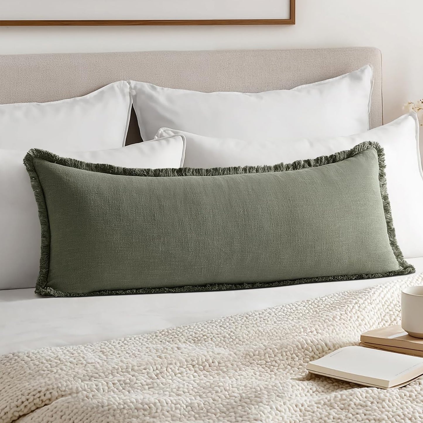 MIULEE 14x36 Long Linen Lumbar Pillow Covers Set of 1 Light Olive Green