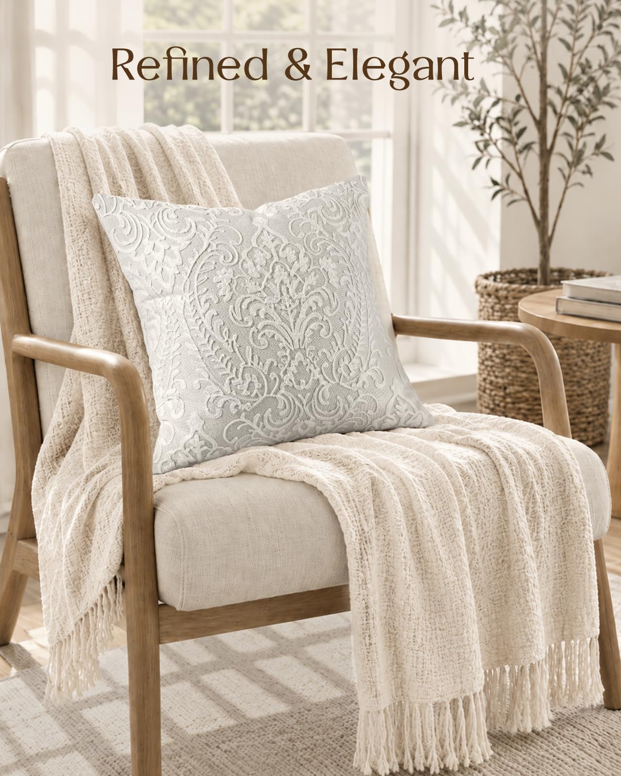 Linen Embroidered Throw Pillow Cover, 18x18 Inch, Khaki Bird
