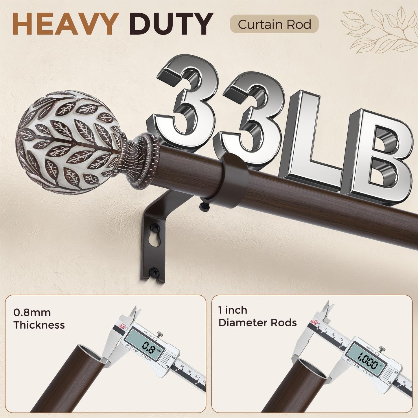 Curtain Rod 36-91 Inch, Boho Wood 1 Inch Curtain Rods for Windows