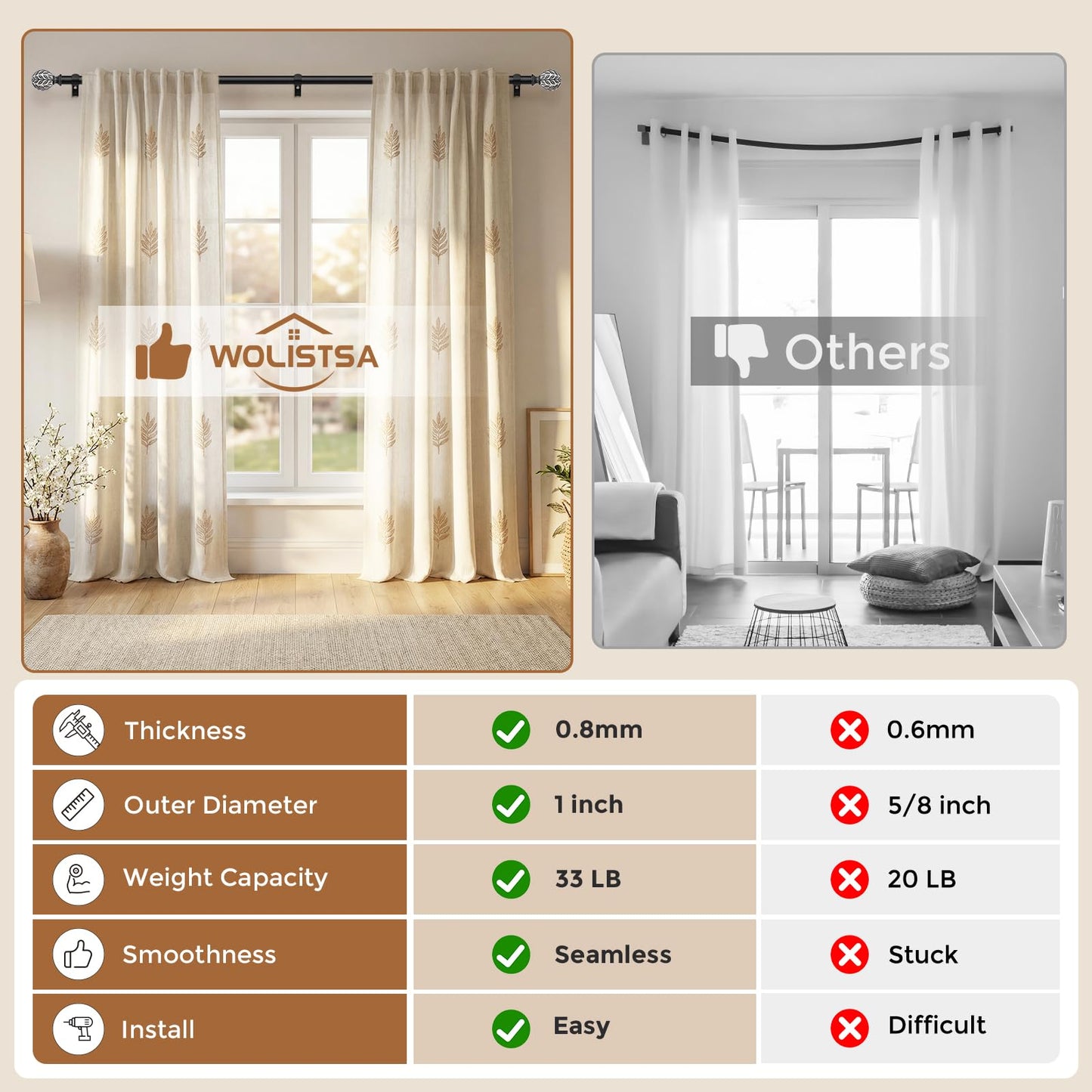 Curtain Rod 36-91 Inch, Boho Wood 1 Inch Curtain Rods for Windows