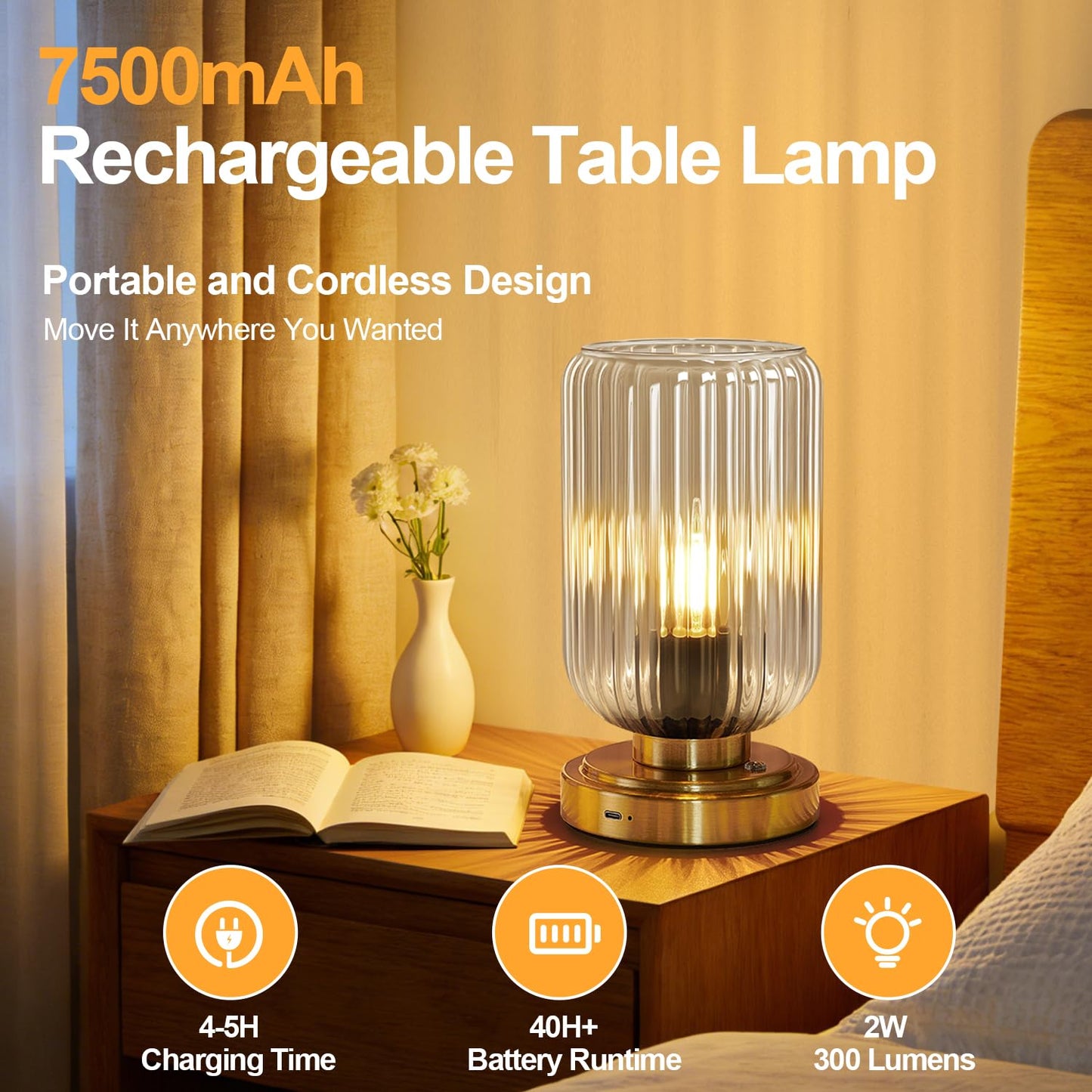 LightRound Cordless Table Lamp for Bedroom, Touch Stepless Dimmable, Modern