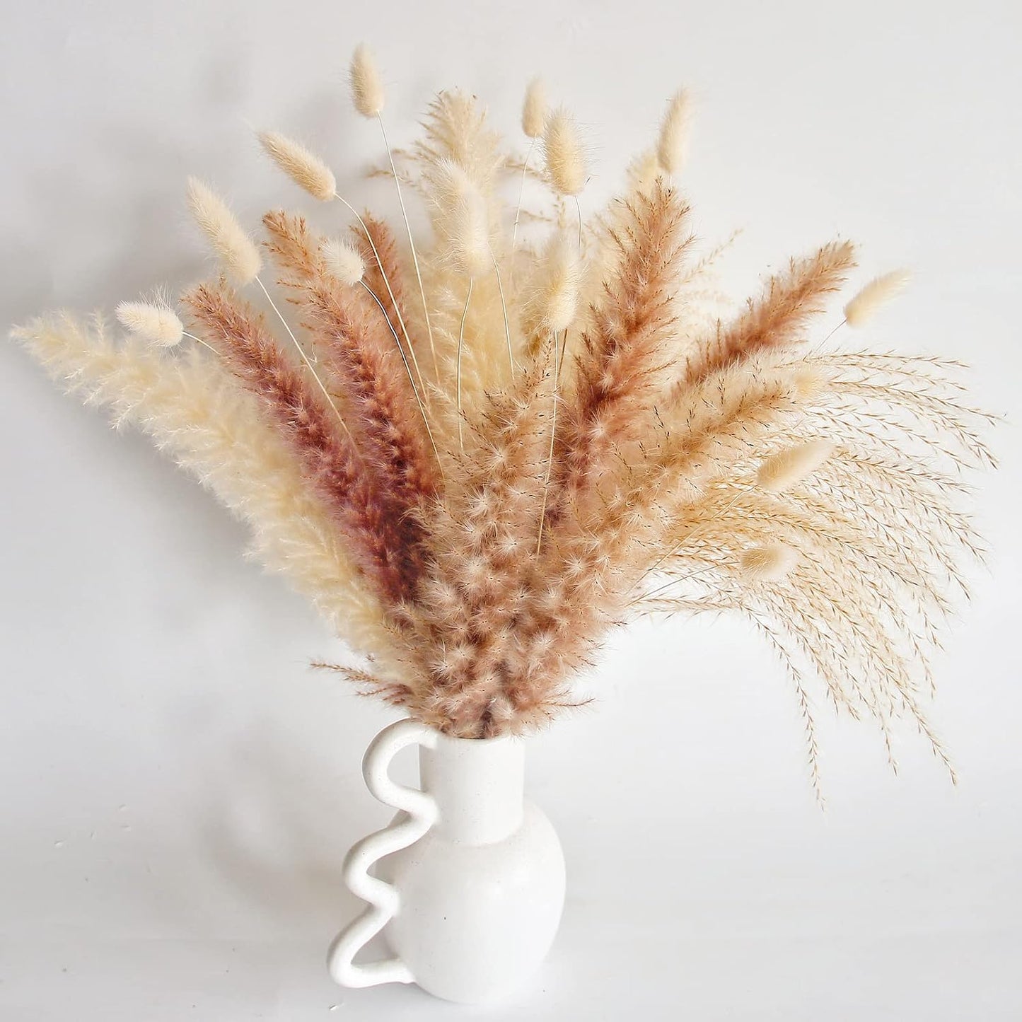 Dried Pampas Grass Decor, 100 Stems Pampas Grass Contains Bunny Tails Dried Flowers, Reed Grass Bouquet for Wedding Boho Flowers Home Table Decor, Rustic Farmhouse Party (17", White and Brown)