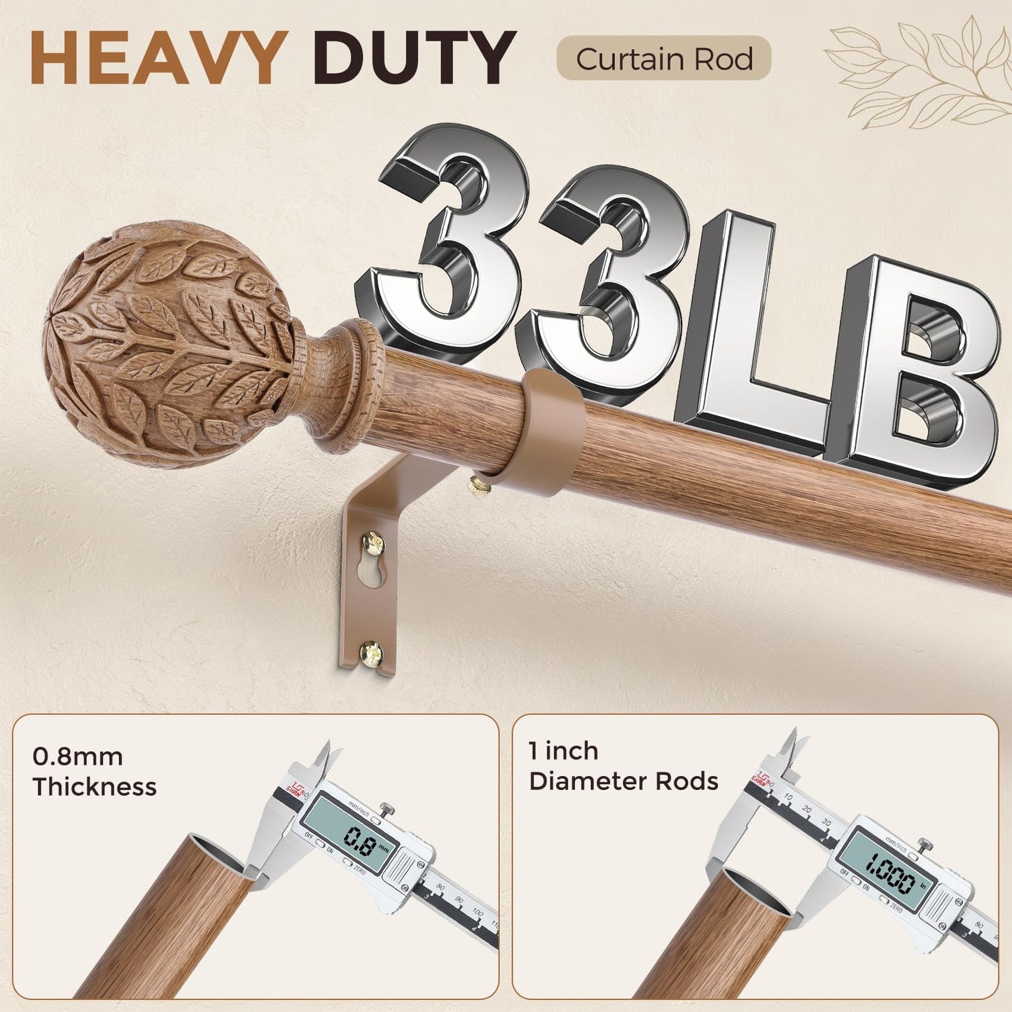 Curtain Rod 36-91 Inch, Boho Wood 1 Inch Curtain Rods for Windows