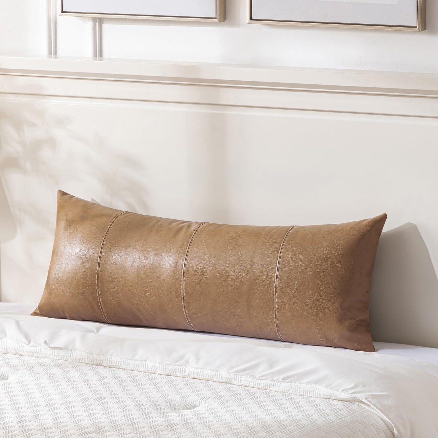 Fancy Homi Brown Boho Long Lumbar Faux Leather Body Decorative Throw Pillow Cover 14x36 Inch for Bedroom Couch Bed Bench, Thick Stylish Solid Rectangle Pillowcase, Rustic Modern Farmhouse Room Decor