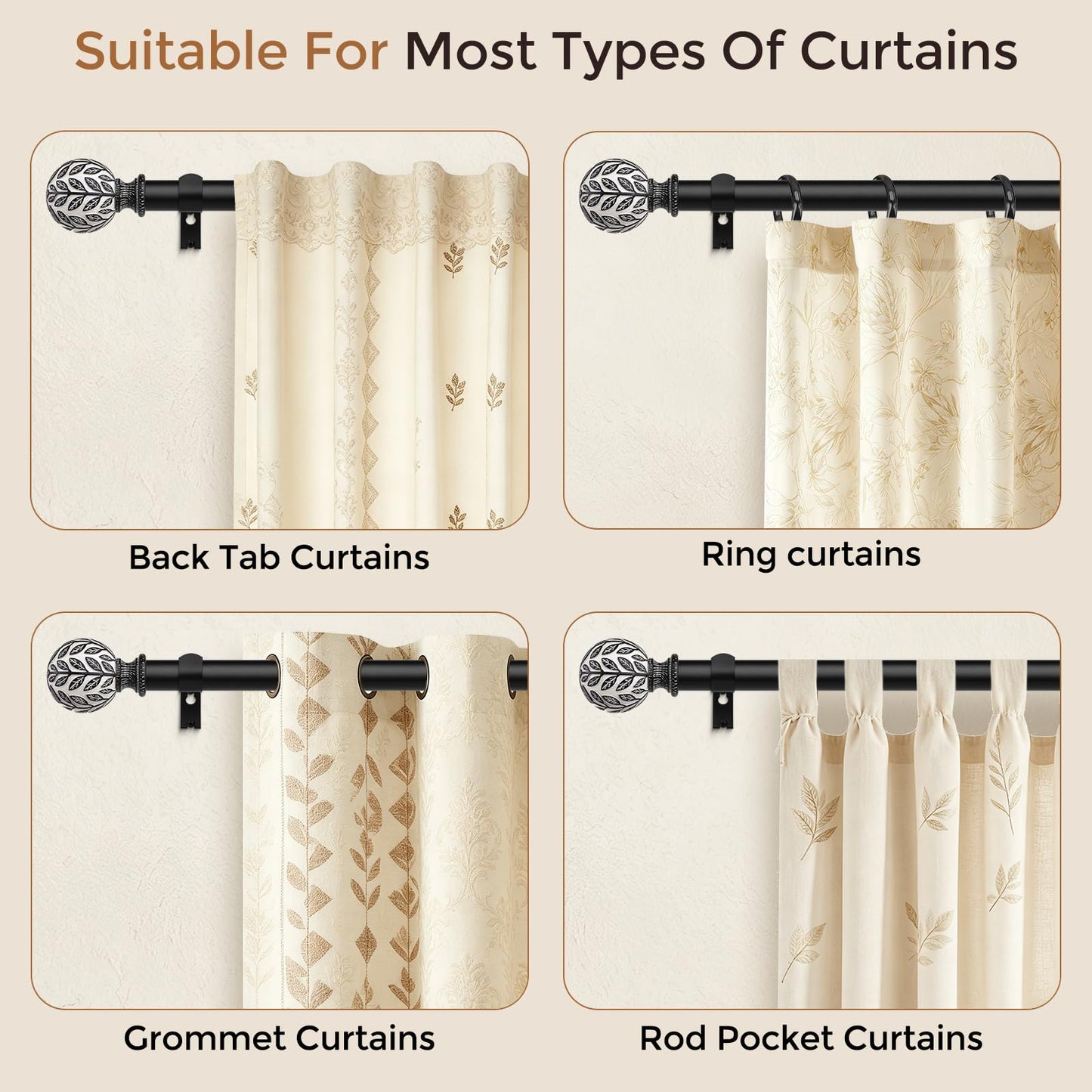 Curtain Rod 36-91 Inch, Boho Wood 1 Inch Curtain Rods for Windows