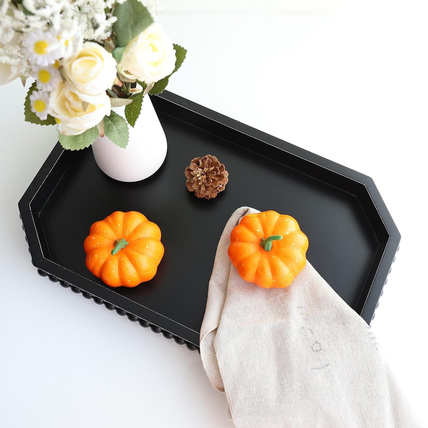 Hrastany Wood Rustic Serving Tray with Beads, Farmhouse Brown Decorative Tray for Table Centerpiece, Christmas Wedding Halloween Home Decor
