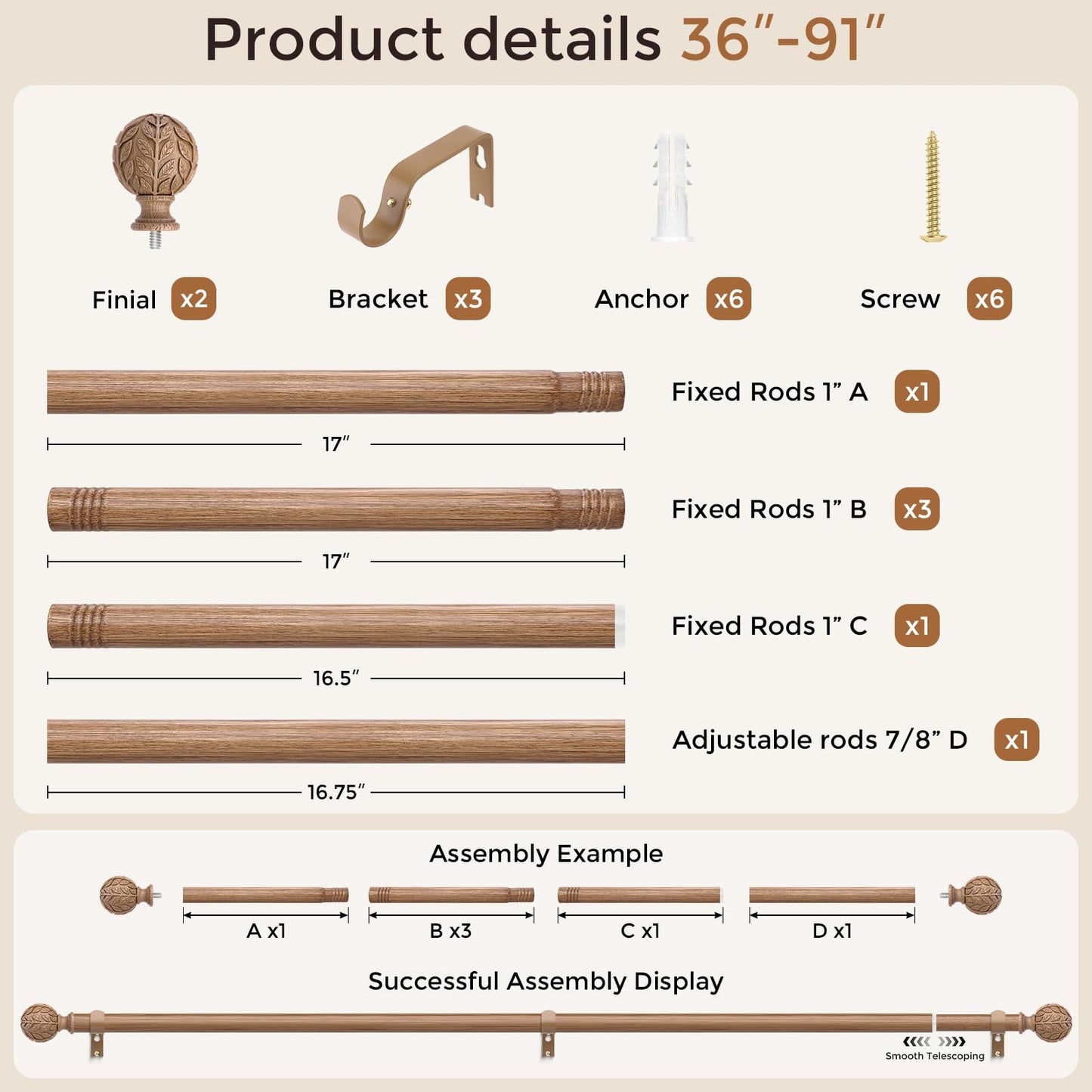 Curtain Rod 36-91 Inch, Boho Wood 1 Inch Curtain Rods for Windows