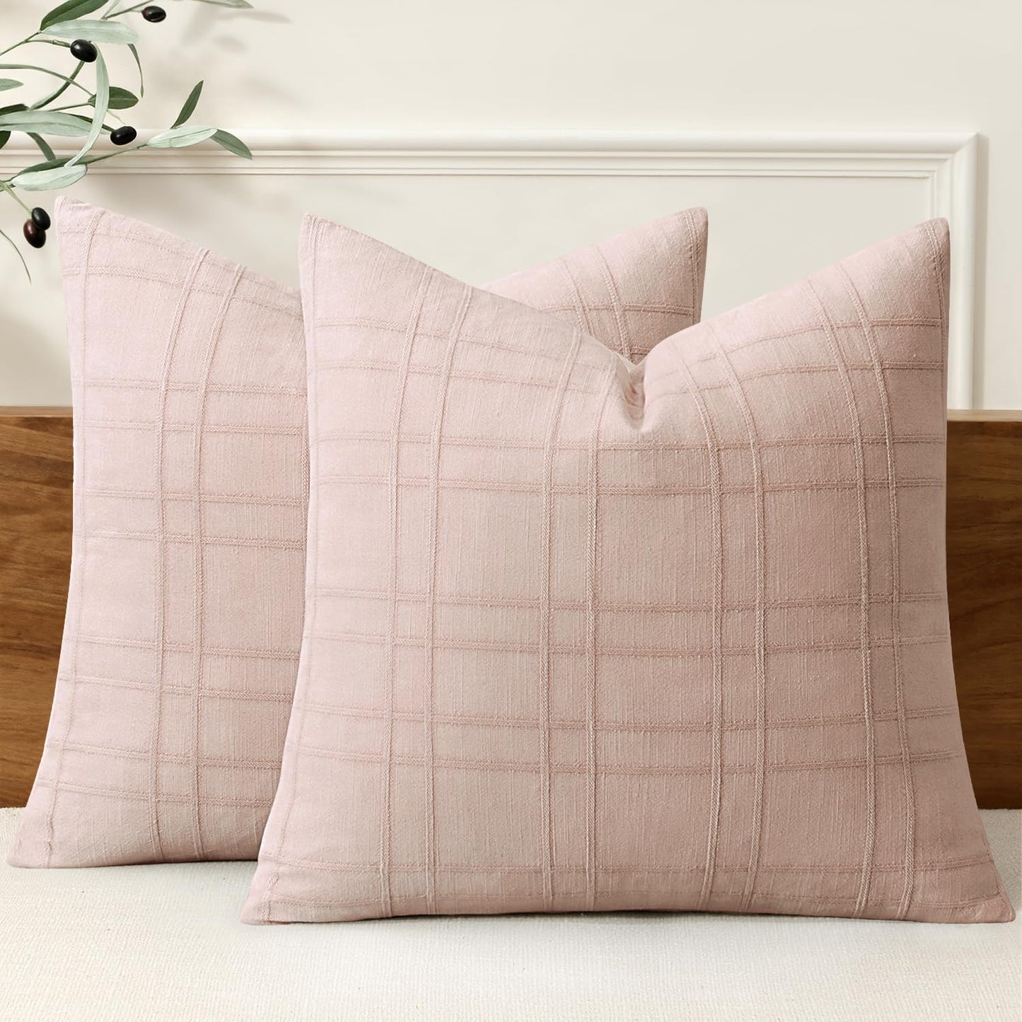MIULEE Linen Plaid Pillow Covers Decorative 18x18 Dark Olive Green