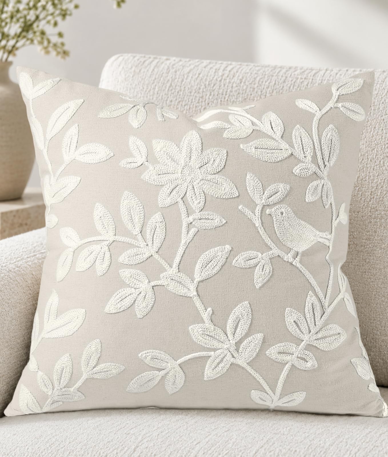 Linen Embroidered Throw Pillow Cover, 18x18 Inch, Khaki Bird
