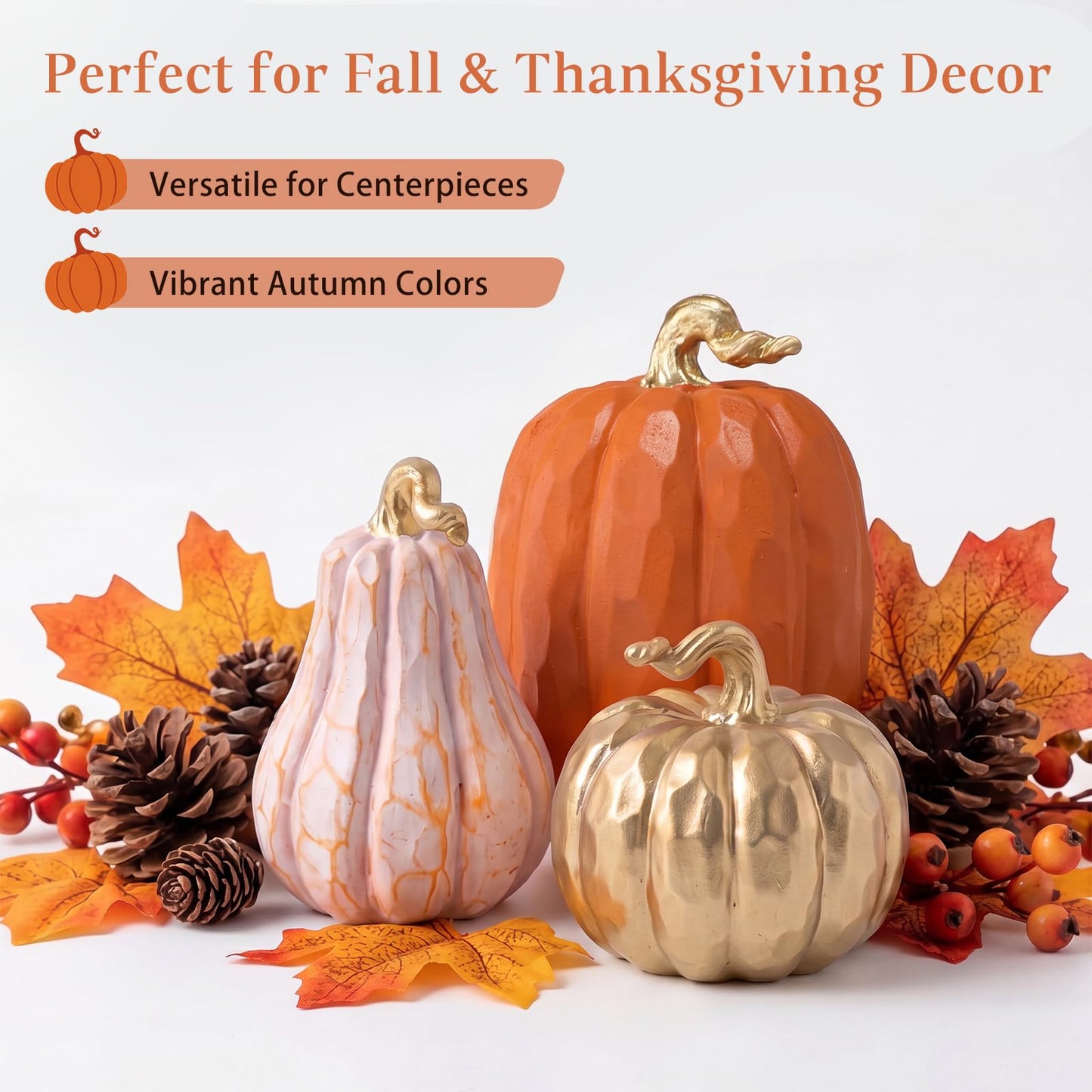 VioraWhite 3 Pack Fall Pumpkin Decor White Gold Resin Pumpkin Figurine