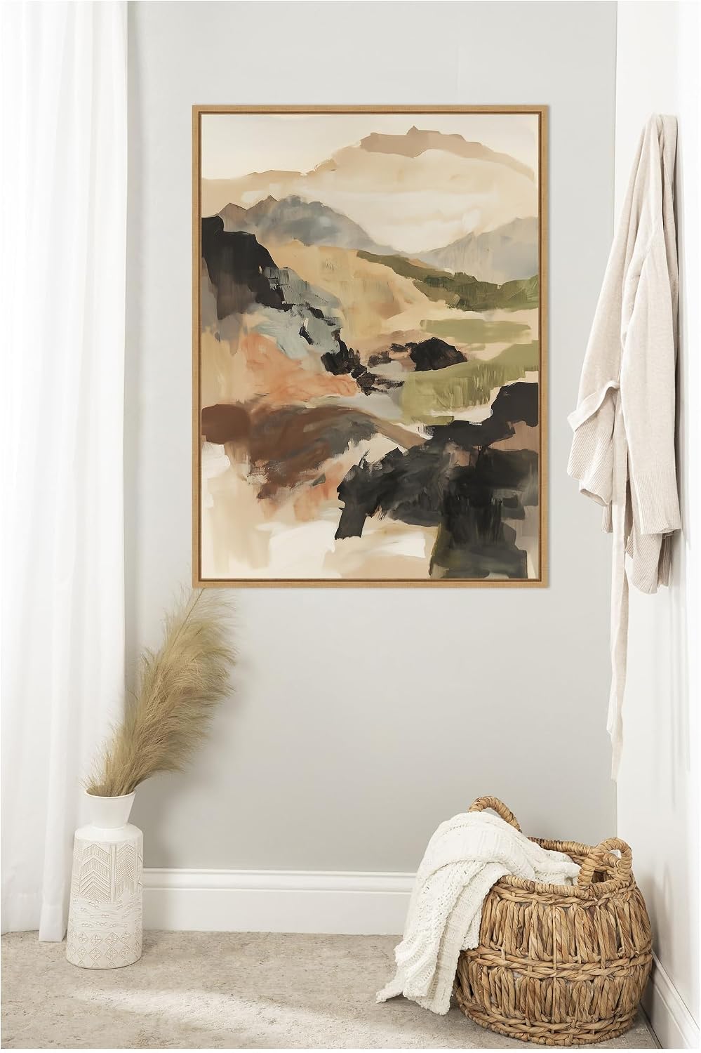 Kate and Laurel Tonal Mountains II Framed Canvas Wall Art by Amy Lighthall 28 x 38 Sylvie Natural, Modern, Abstract, Landscapes, Nature Art for Wall Decor, Living Room, Bedroom