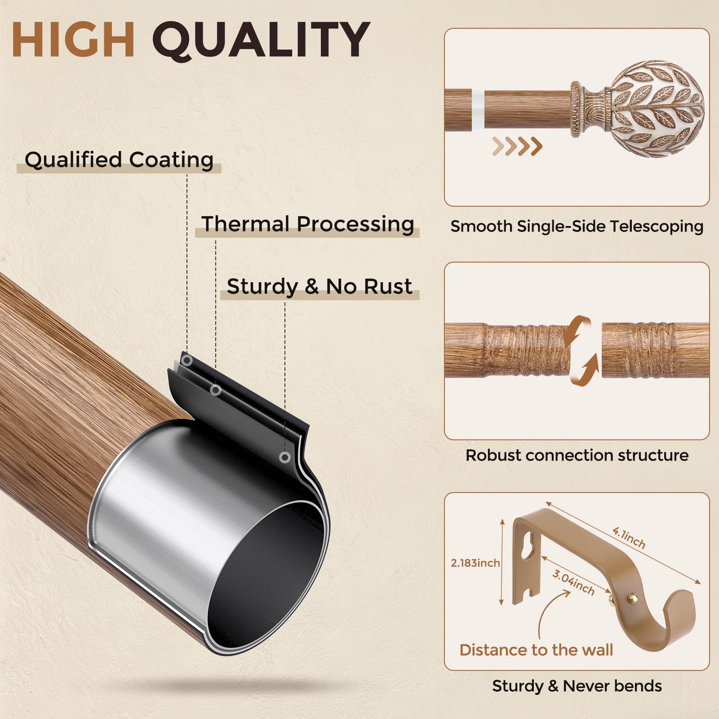 Curtain Rod 36-91 Inch, Boho Wood 1 Inch Curtain Rods for Windows