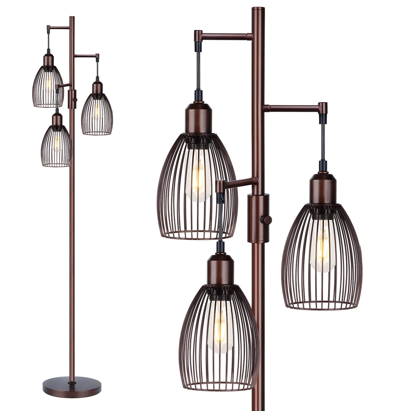 Dimmable Floor Lamp, Industrial Floor Lamps for Living Room, Gold Tree Lamp Standing Lamp Tall Lamps with 3 Elegant Teardrop Cage Head & 800 Lumens LED Bulbs for Living room Bedroom Office Dining Room