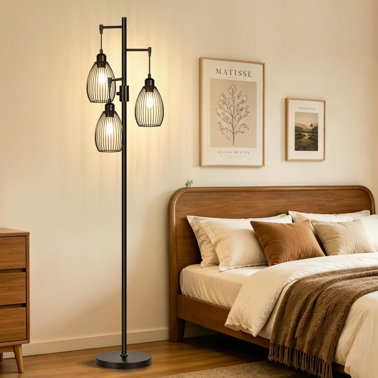 Dimmable Floor Lamp, Industrial Floor Lamps for Living Room, Gold Tree Lamp Standing Lamp Tall Lamps with 3 Elegant Teardrop Cage Head & 800 Lumens LED Bulbs for Living room Bedroom Office Dining Room