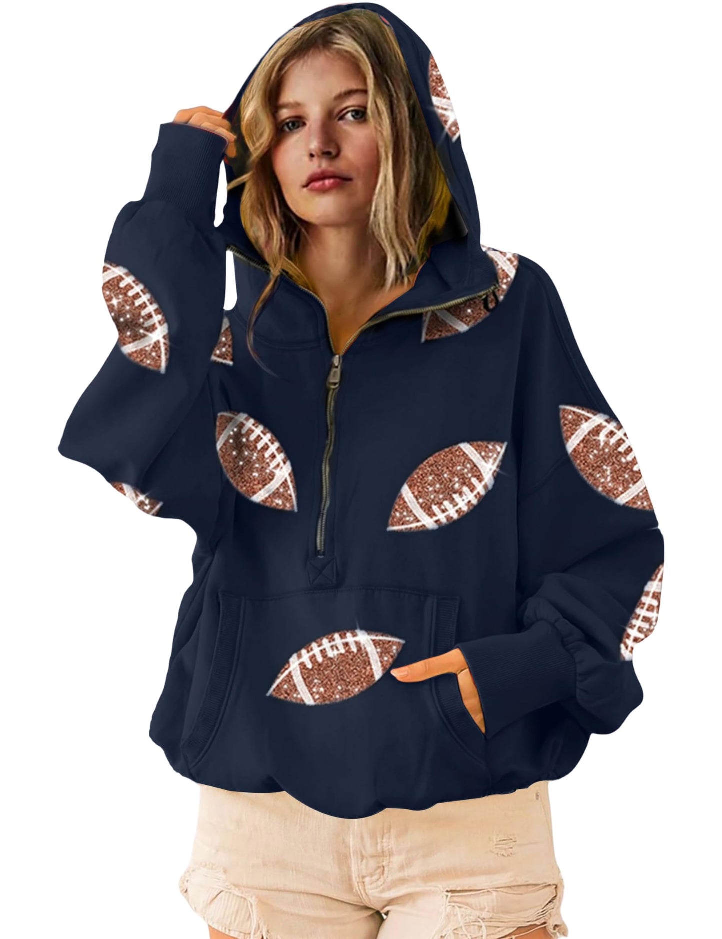 SeekMe Women Game Day Sweatshirt Sequin Football Hoodies Pullover Fall Top