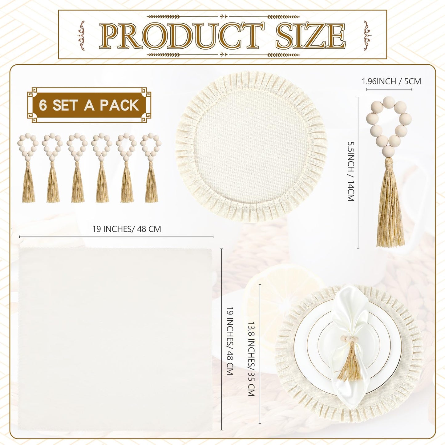 Gejoy 18 Pcs Burlap Placemat Wood Napkin Ring Dinner Napkin, Natural