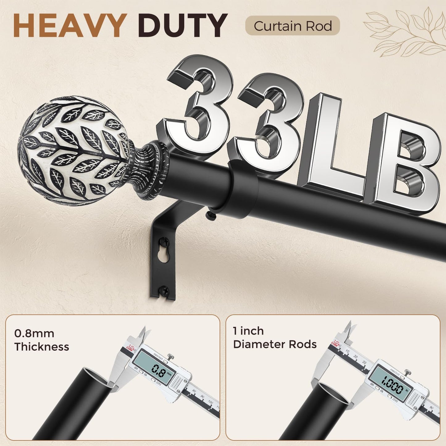 Curtain Rod 36-91 Inch, Boho Wood 1 Inch Curtain Rods for Windows