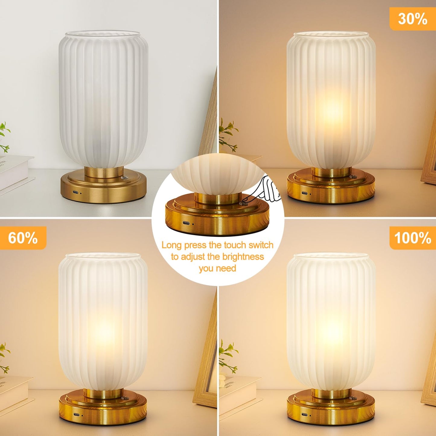 LightRound Cordless Table Lamp for Bedroom, Touch Stepless Dimmable, Modern