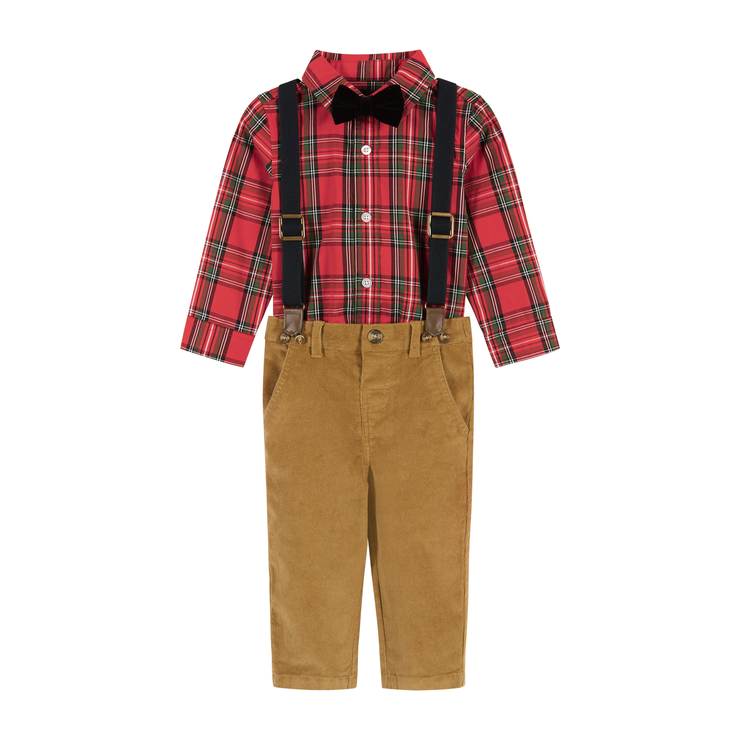 Flannel Buttowndown W/Suspenders Set - Red Plaid