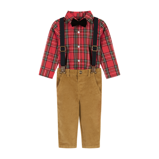 Flannel Buttowndown W/Suspenders Set - Red Plaid