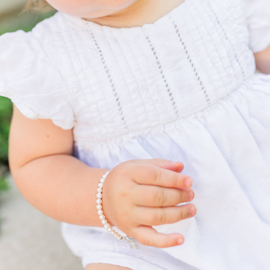 Load image into Gallery viewer, Sterling Silver Pearl Baby Girl Cross Bracelet Baptism Gift
