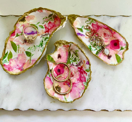 Load image into Gallery viewer, Small Pink Floral Oyster Shell Jewelry Dish
