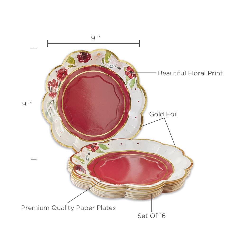 Burgundy Blush Floral 7 in. Premium Paper Plates (Set of 16)