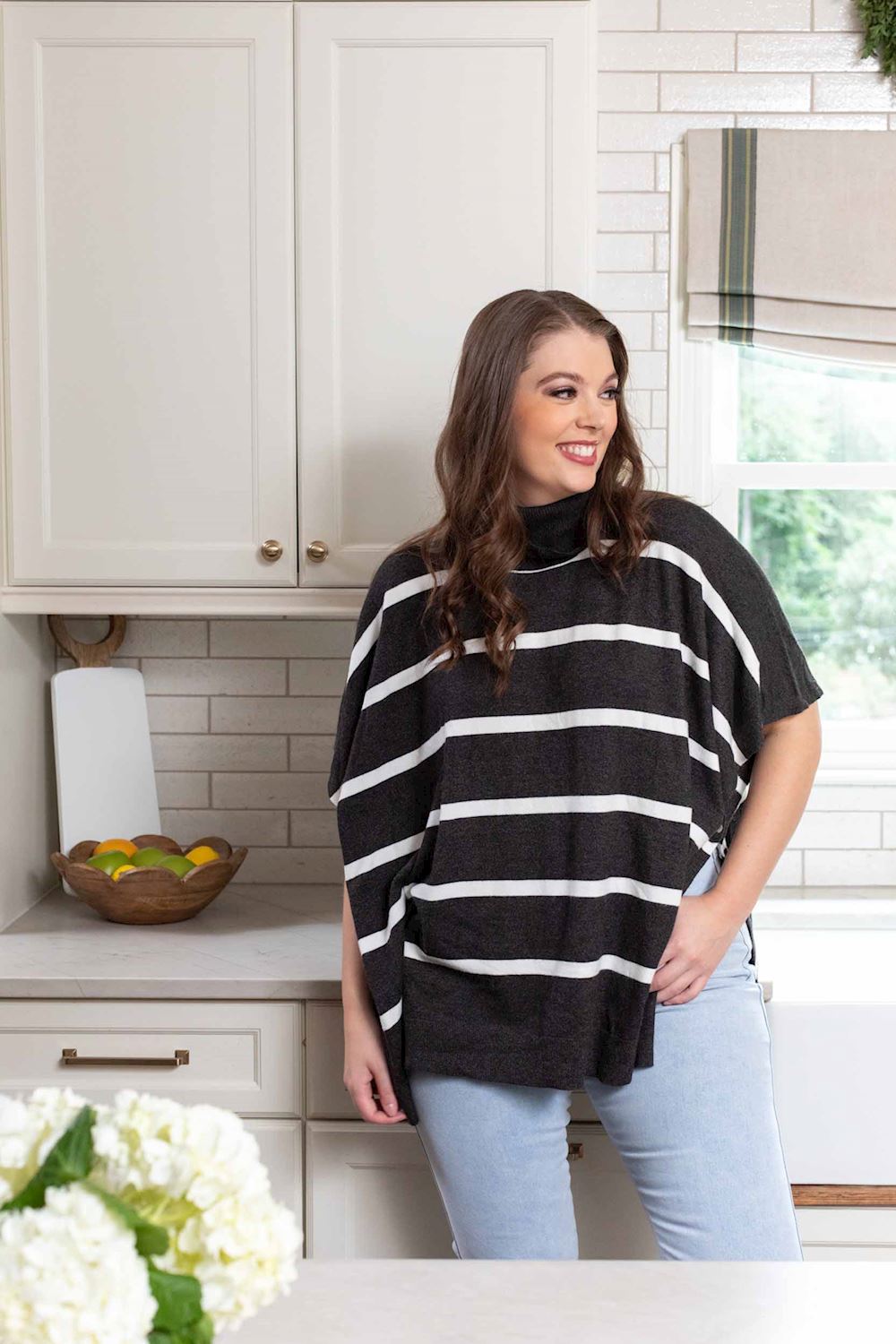 One Size Black & White Stripe Pullover Sweater