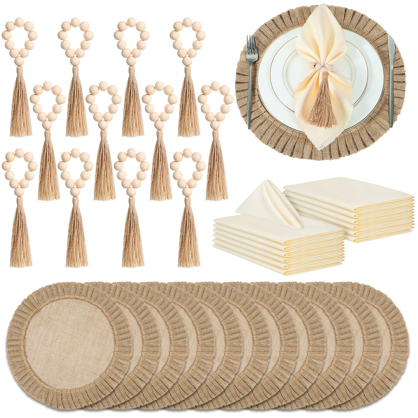 Gejoy 18 Pcs Burlap Placemat Wood Napkin Ring Dinner Napkin, Natural