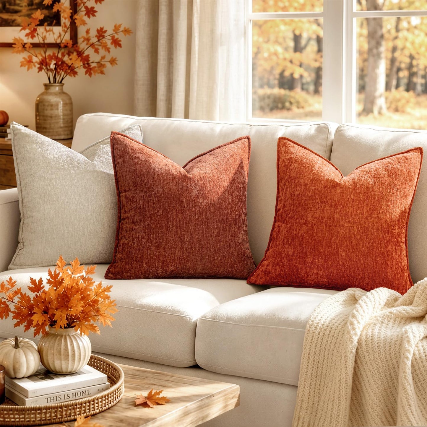 MIULEE Chenille Couch Pillow Covers Fall for Living Room 18x18 Dark Brown