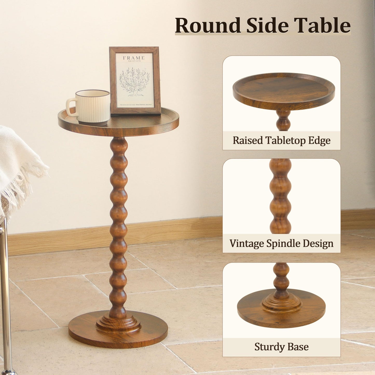 AWASEN Small Side Table, Round Drink Table for Small Spaces, Round Accent End Table Living Room, Nightstand for Bedroom, Corners, Office, Walnut Brown