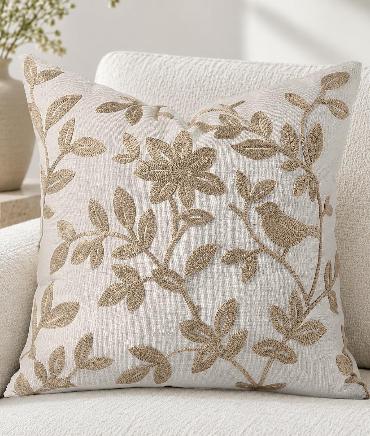 Linen Embroidered Throw Pillow Cover, 18x18 Inch, Khaki Bird