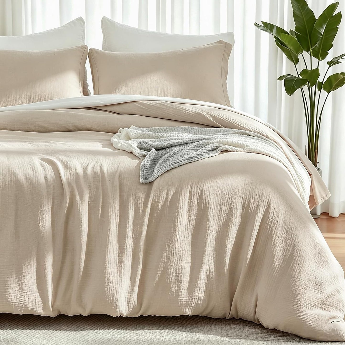 EMME Muslin Cotton Duvet Cover Set Linen Like Beige Queen