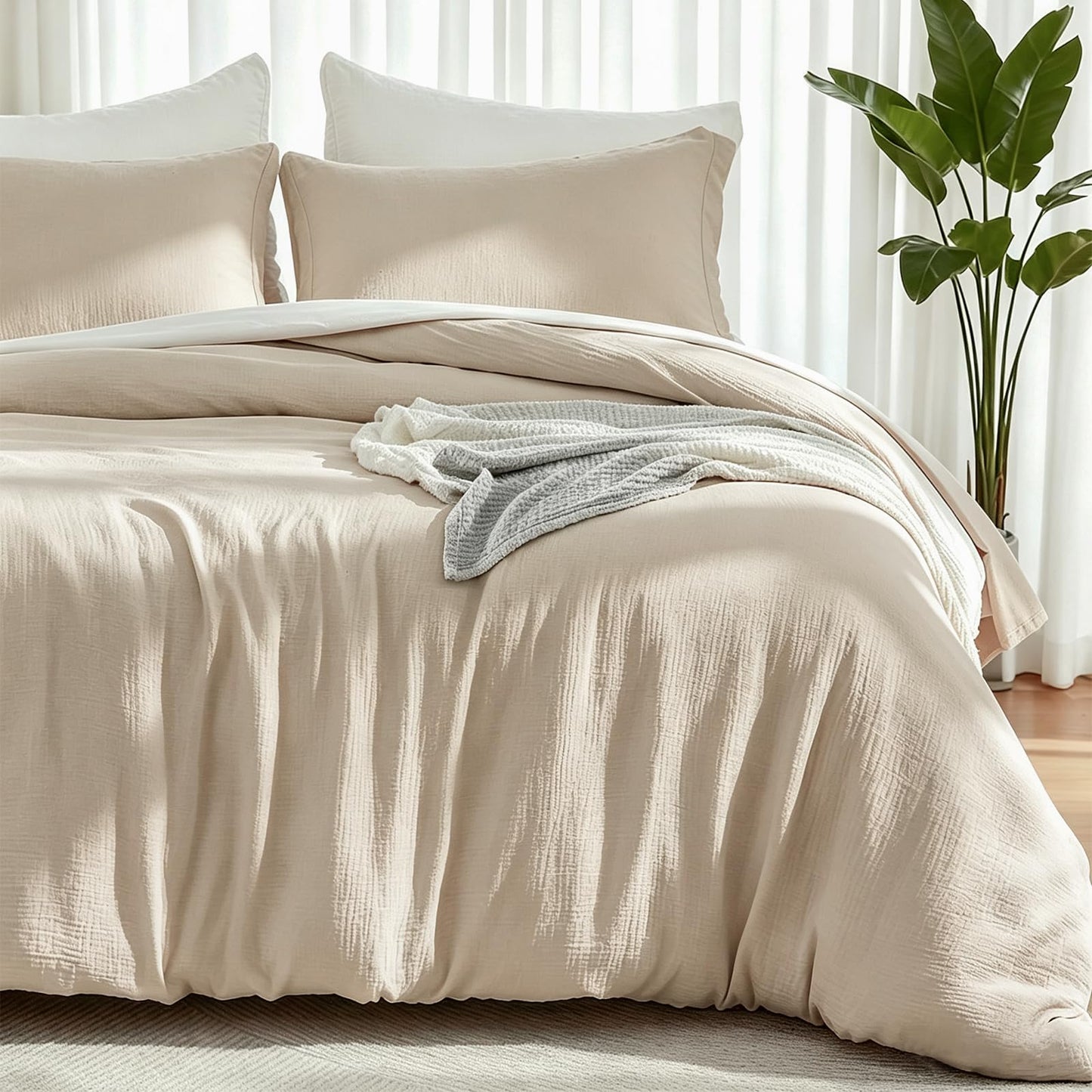 EMME Muslin Cotton Duvet Cover Set Linen Like Beige Queen