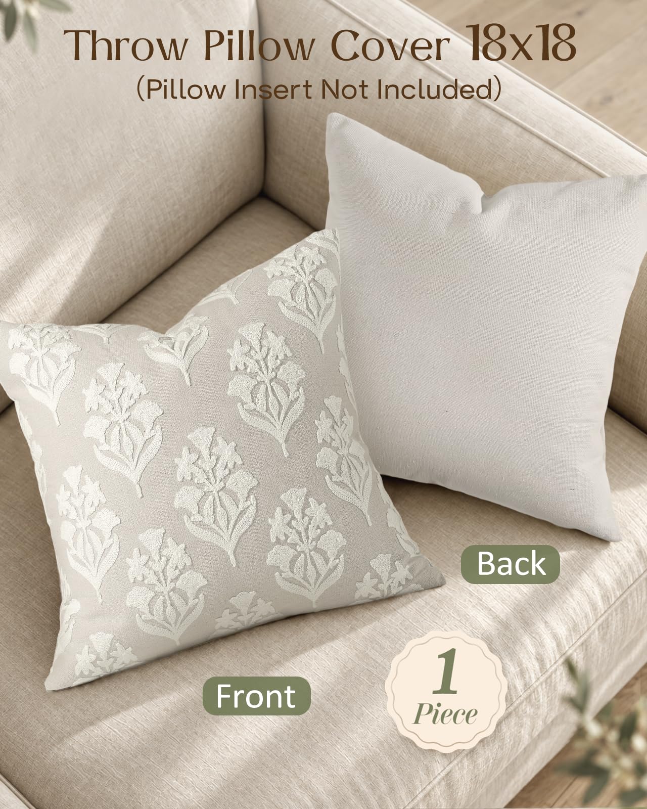 Linen Embroidered Throw Pillow Cover, 18x18 Inch, Khaki Bird